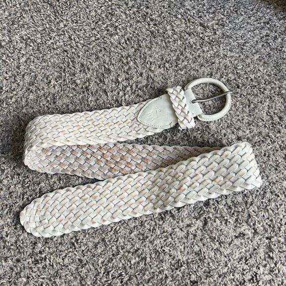 Abercrombie Fitch Wide Waist Belt White Distressed Leather Woven Braided M/L - Picture 2 of 6